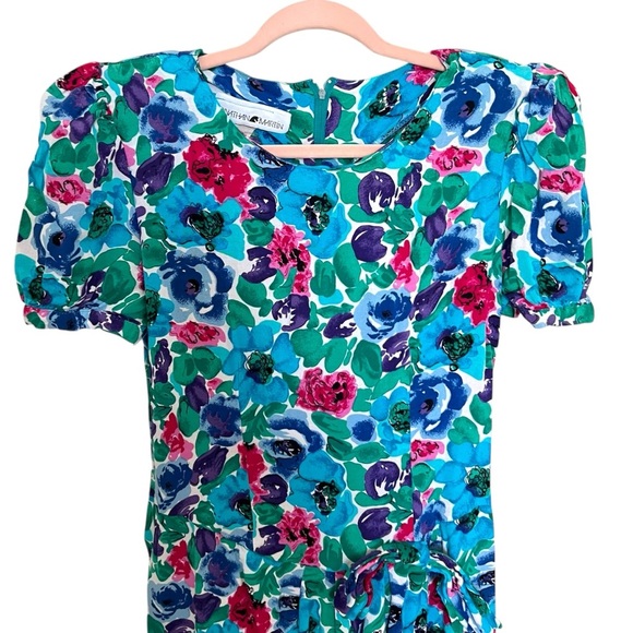 Jonathan Martin Vintage Floral Puff Sleeve Dress Blue Size11/12 - Picture 3 of 8